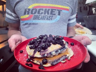BLUEBERRY PANCAKES topped with a warm blueberry and honey compote